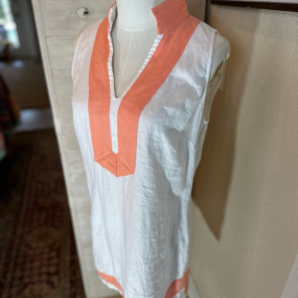 Sail to sable size Small white linen with‎ coral trim V-neck tunic/mini dress - Picture 5 of 12